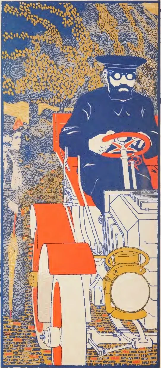 Die Fläche plate of a chauffeur in a blue cap and goggles driving a red early motorcar, with stippled ochre and blue foliage.