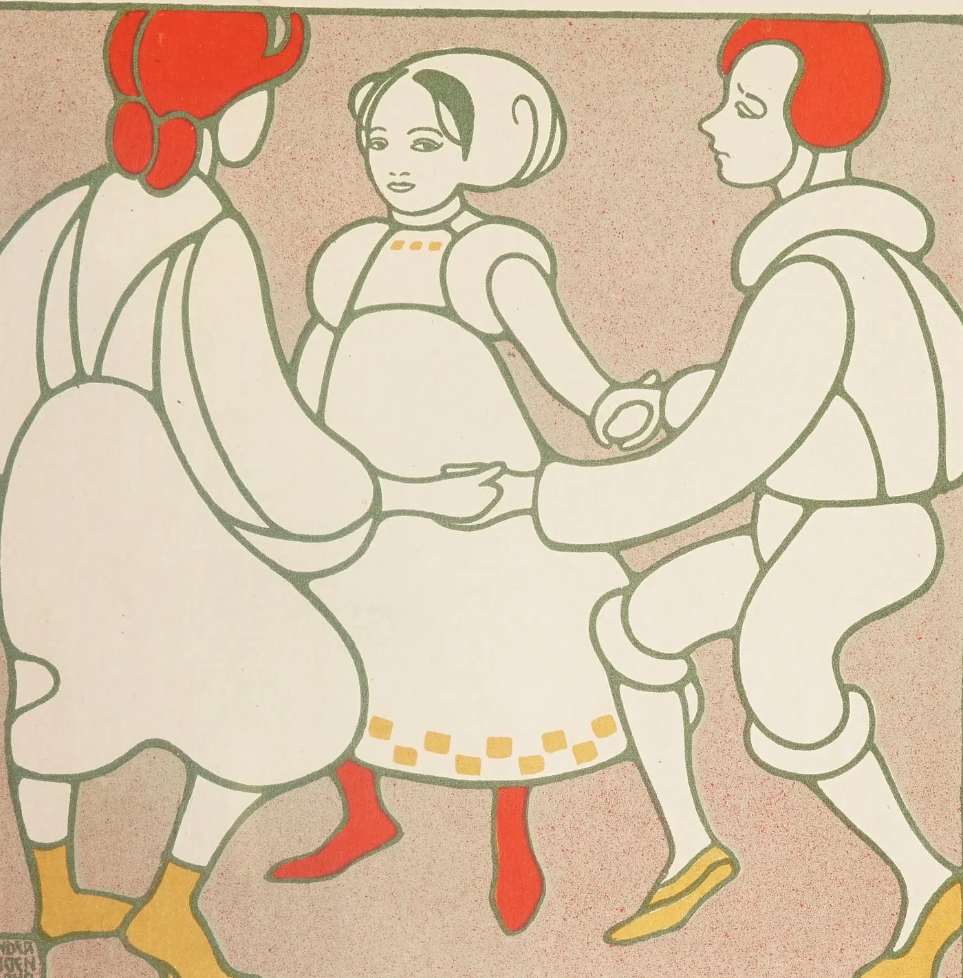Die Fläche plate of three figures in a dance ring, cream dresses, red hair and stockings.
