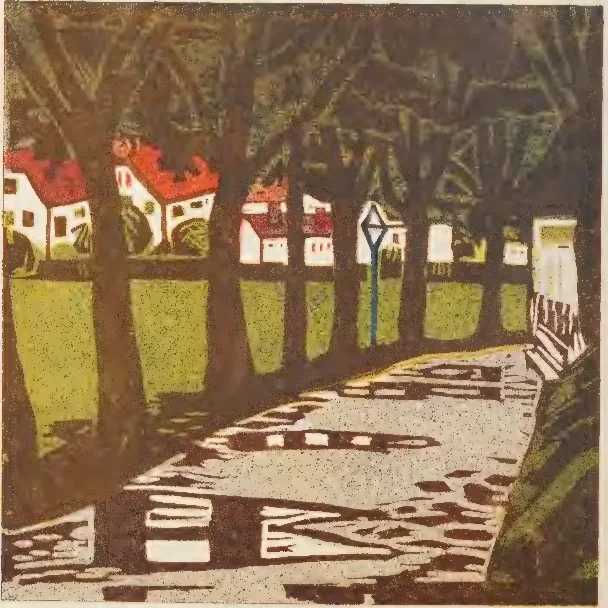 Die Fläche linocut of a tree-lined garden path with red-roofed houses and long cast shadows on the walk.