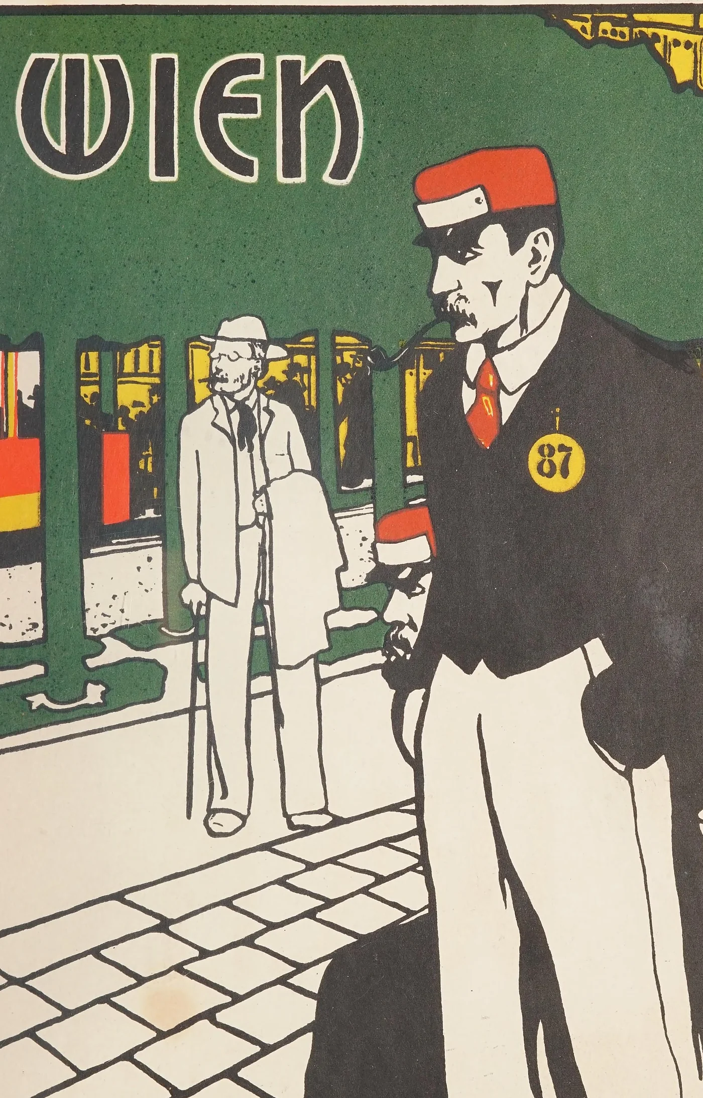 Vienna poster of a porter in a red cap and a man in white, the word WIEN at the top.